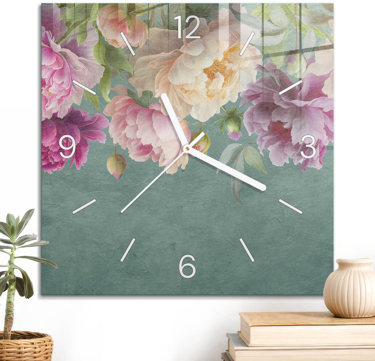 ArtPrintCave Roze Glazen Klok - 30x30 cm - Wandklok Vierkant - Bloemenpatroon Unieke Klok - Natuur Stille Wandklok - Witte Klokwijzers