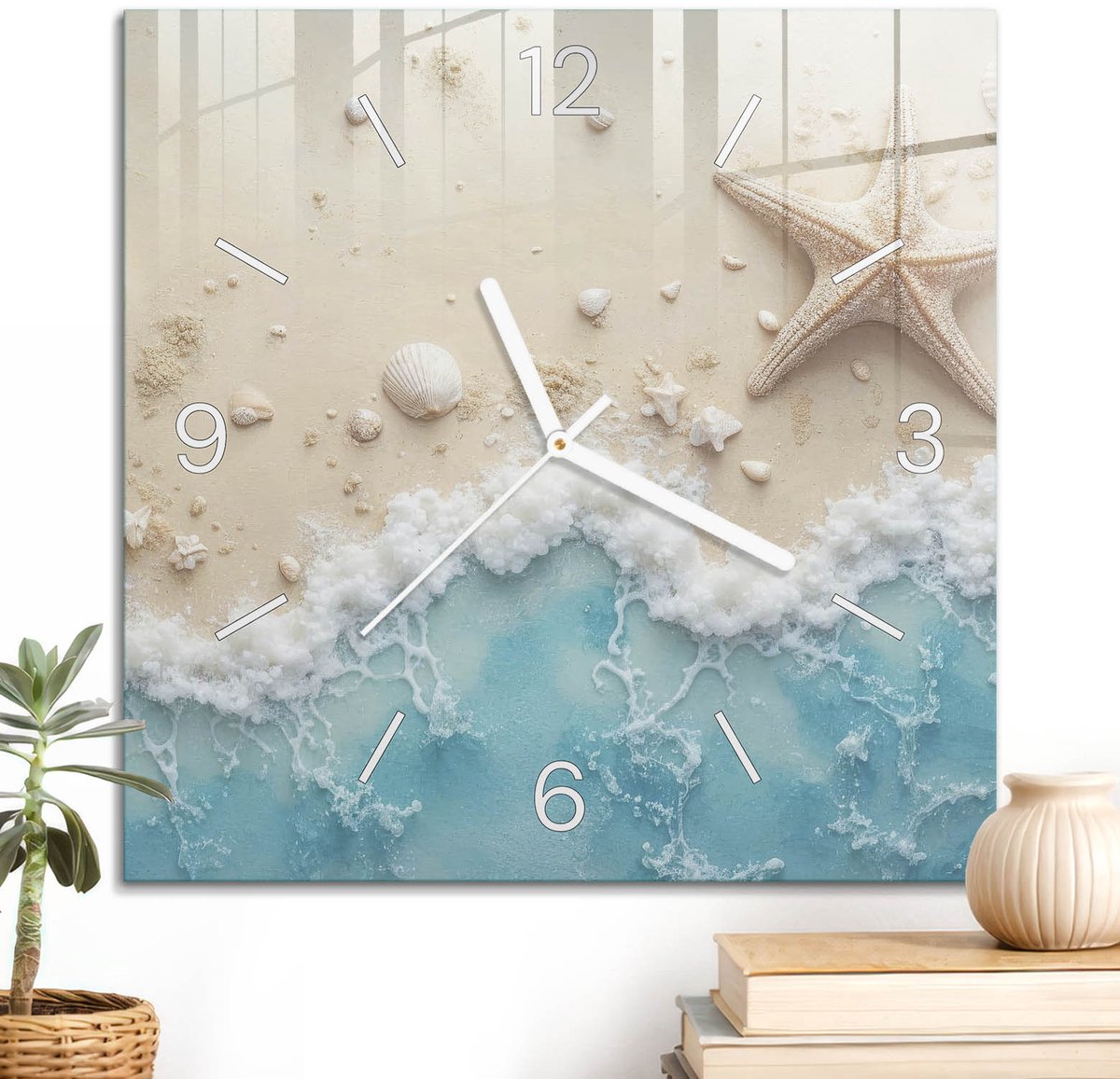 ArtPrintCave Beige Glazen Klok - 30x30 cm - Wandklok Vierkant - Ontspanning Aan Het Strand Unieke Klok - Landschappen Stille Wandklok - Witte Klokwijzers