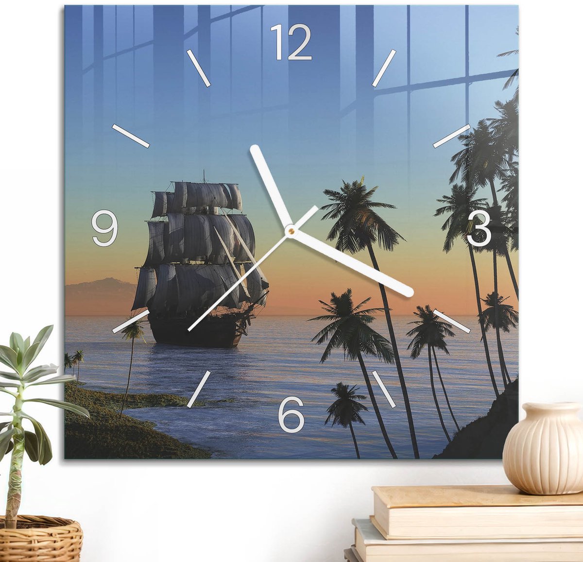 ArtPrintCave Blauw Glazen Klok - 30x30 cm - Wandklok Vierkant - Zeeavontuur Wandklok Keuken - Natuur Unieke Klok - Witte Klokwijzers