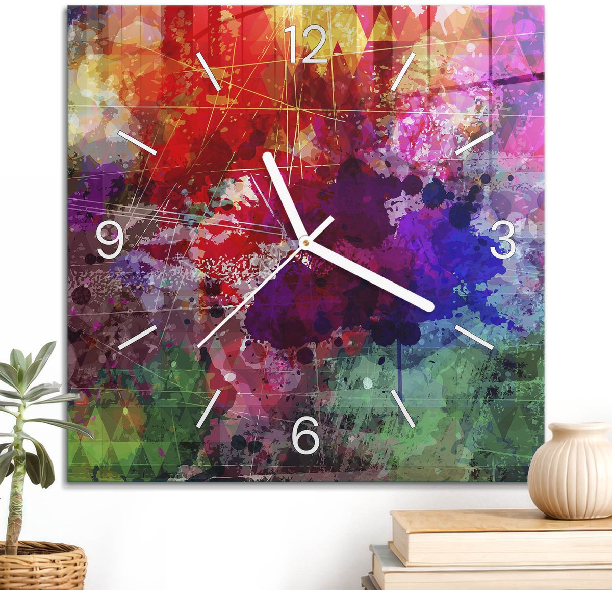 ArtPrintCave Rood Glazen Klok - 30x30 cm - Wandklok Vierkant - Kleurrijke Chaos Unieke Klok - Kunst Stille Wandklok - Witte Klokwijzers