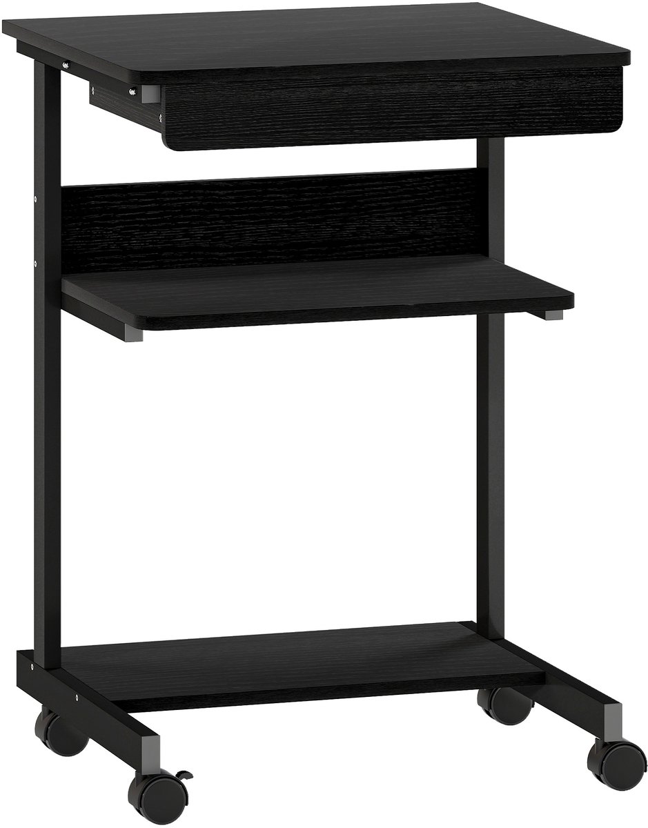 Verrijdbaar bureau met lade - Compact computerbureau op wielen - Met opbergruimte - 56x51 cm - Zwart