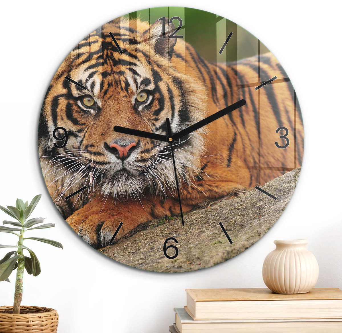 ArtPrintCave Oranje Glazen Klok - Wandklok 30 cm - Muurklok Rond - Tijger Natuur Unieke Klok - Natuur Stille Wandklok - Zwarte Klokwijzers