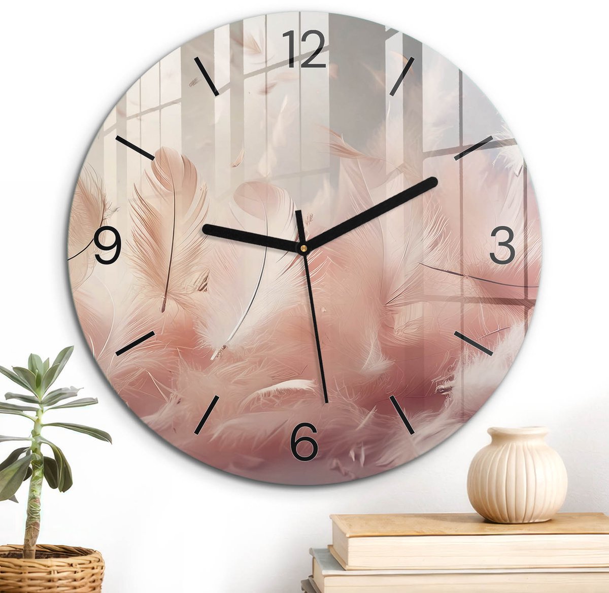 ArtPrintCave Roze Glazen Klok - Wandklok 30 cm - Muurklok Rond - Pastelkleurige Veren Wandklok Keuken - Natuur Unieke Klok - Zwarte Klokwijzers