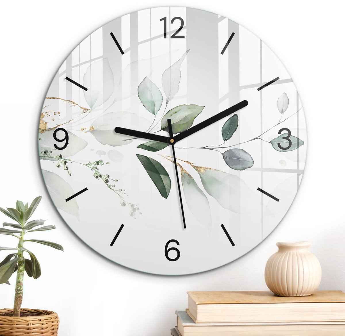 ArtPrintCave Groene Glazen Klok - Wandklok 30 cm - Muurklok Rond - Inspiratie Uit De Natuur Stille Wandklok - Natuur Wandklok Keuken - Zwarte Klokwijzers