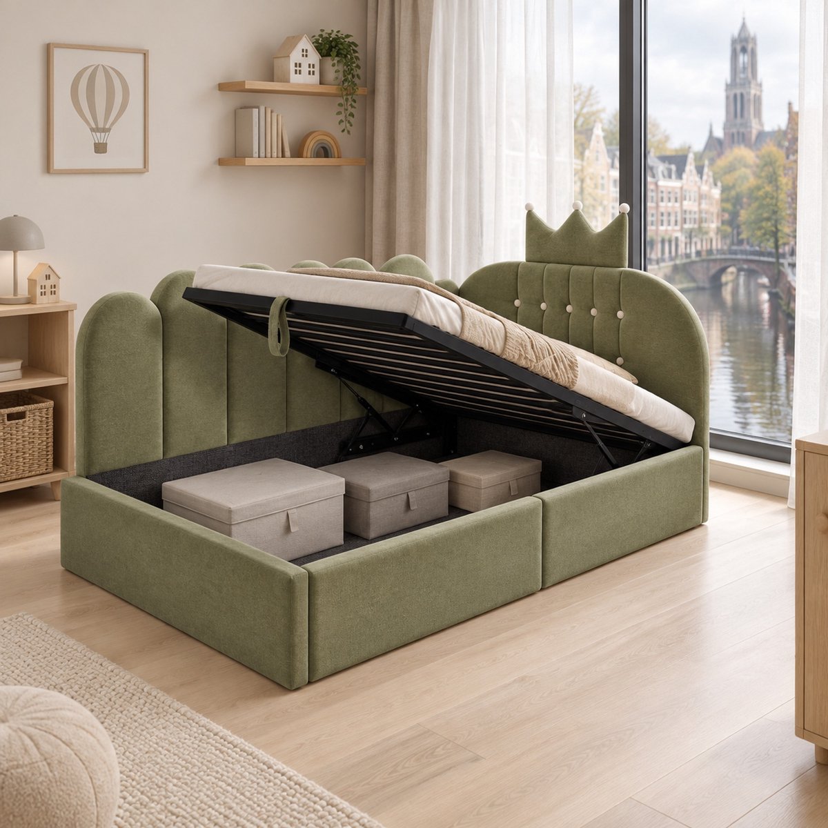 WUVRIE Bedbank 90x190 cm met hydraulisch hefmechanisme, opbergruimte en kroonvormig hoofdbord, groene veloursbekleding