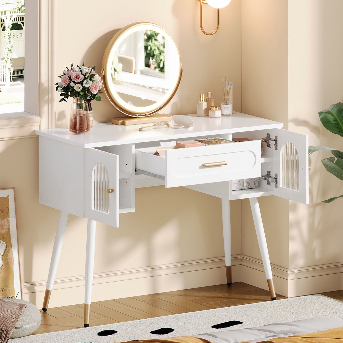 Zubaliya Kaptafel met LED-spiegel, lade en 2 kastdeuren - wit en goudkleurig - 100 x 42 x 112 cm