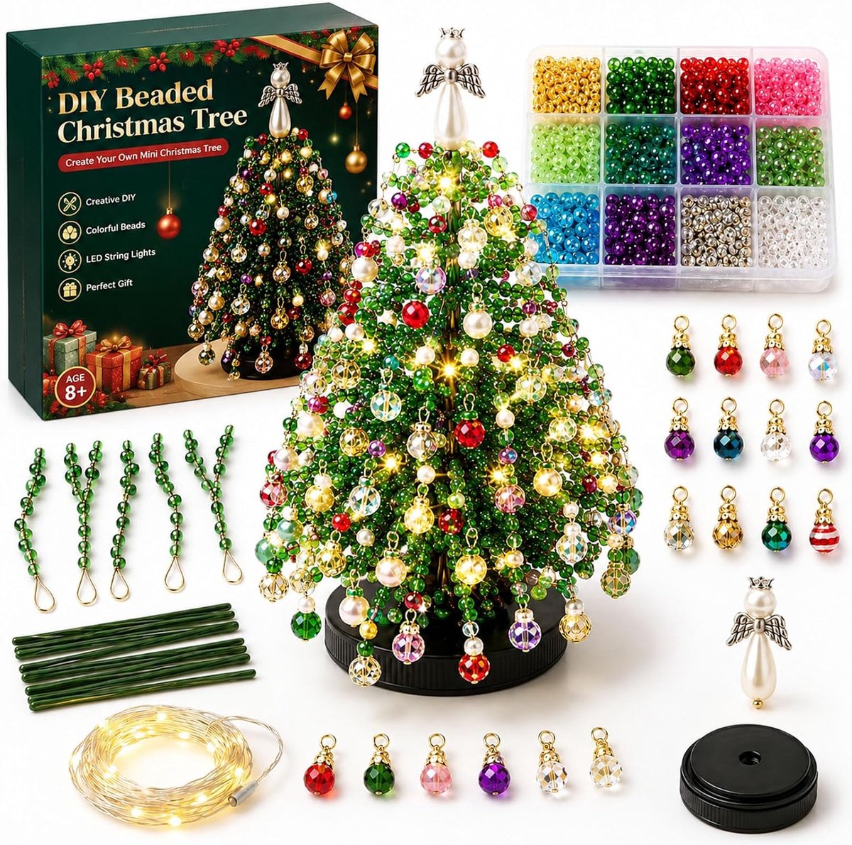 Handgemaakte kralenset-Zelfgemaakte kerstboom-Zelf kralen maken -Verbeter je handvaardigheid -Mini kralen kerstboom-Perfect voor beginners en hobbyisten -Geschikt voor woonkamers, slaapkamers, kantoren, bureaus, eettafels en verjaardagsfeestjes