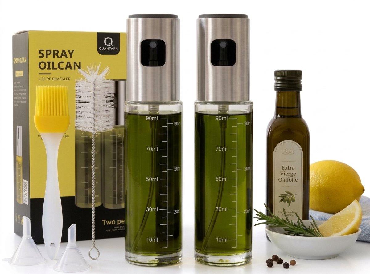 Quantara Olijfolie Sprayer Set van 2 - Olie Sprayer - Oliefles - Navulbare Oliespray voor Airfryer, BBQ & Salades - Oliespuiter met Maatverdeling - RVS 304 & Borosilicaatglas - 200ml - Transparant / Zilver
