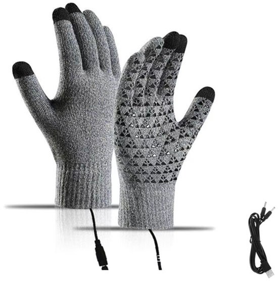 Grijze gebreide handschoenen met zwart touchscreen-uiteinde en geblokte print op de linkerhand. USB-kabel meegeleverd.