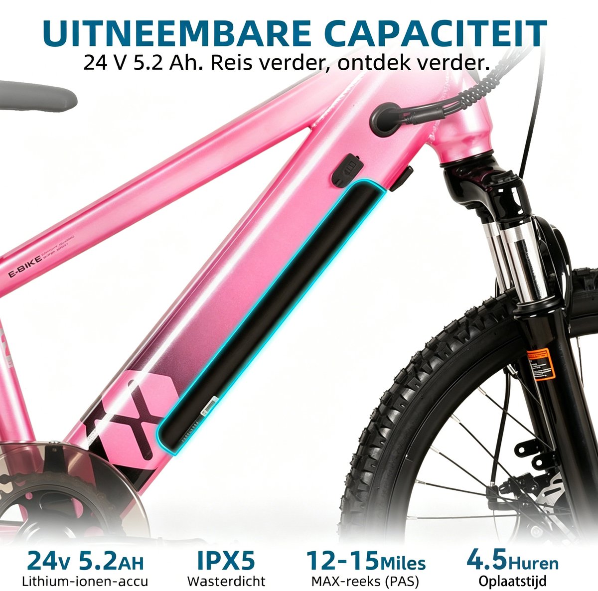 JOYSTAR 24 Inch Elektrische Kinder Mountainbike - 250W E-Bike voor Kinderen (7+ Jaar) - 25 km Actieradius - Met Verwijderbare Accu & Schijfremmen – Spaakwiel - Roze thumbnail 3