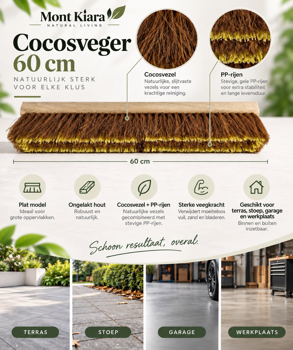 Mont Kiara Cocosveger 60 cm – Platte Bezem van Kokosvezel met PP-Rijen – Ongelakt Hout – Brede Buitenbezem voor Terras, Oprit, Garage & Werkplaats