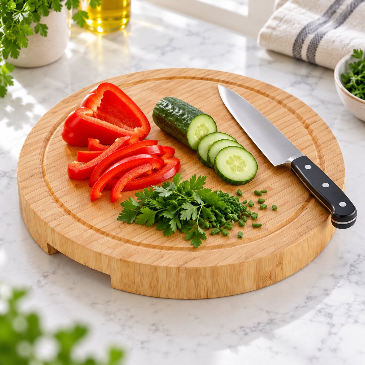Fameilleur Bamboe Snijplank 35 cm Rond – Houten Keukenplank voor Snijden, Serveren en Borrelplank, Stevige Bamboe Plank met Natuurlijke Houtnerf, Decoratieve Serveerplank voor Keuken, Ontbijt.