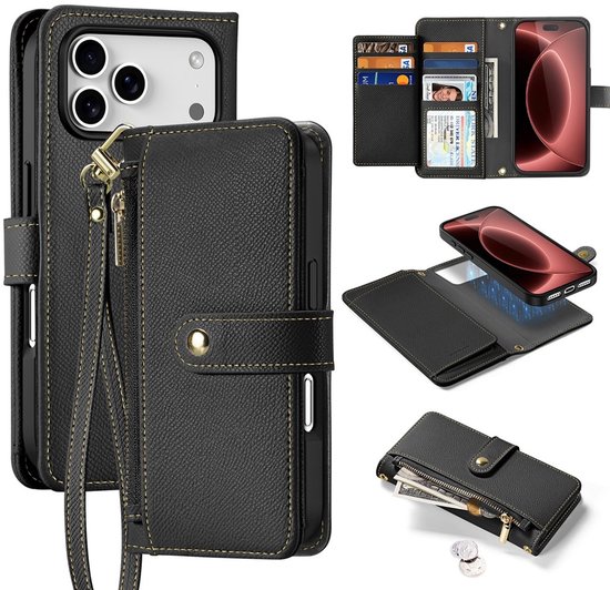 Een collage van productfoto's met een zwart leren iPhone 14 Pro Max hoesje, portemonnee, en afneembare back cover.