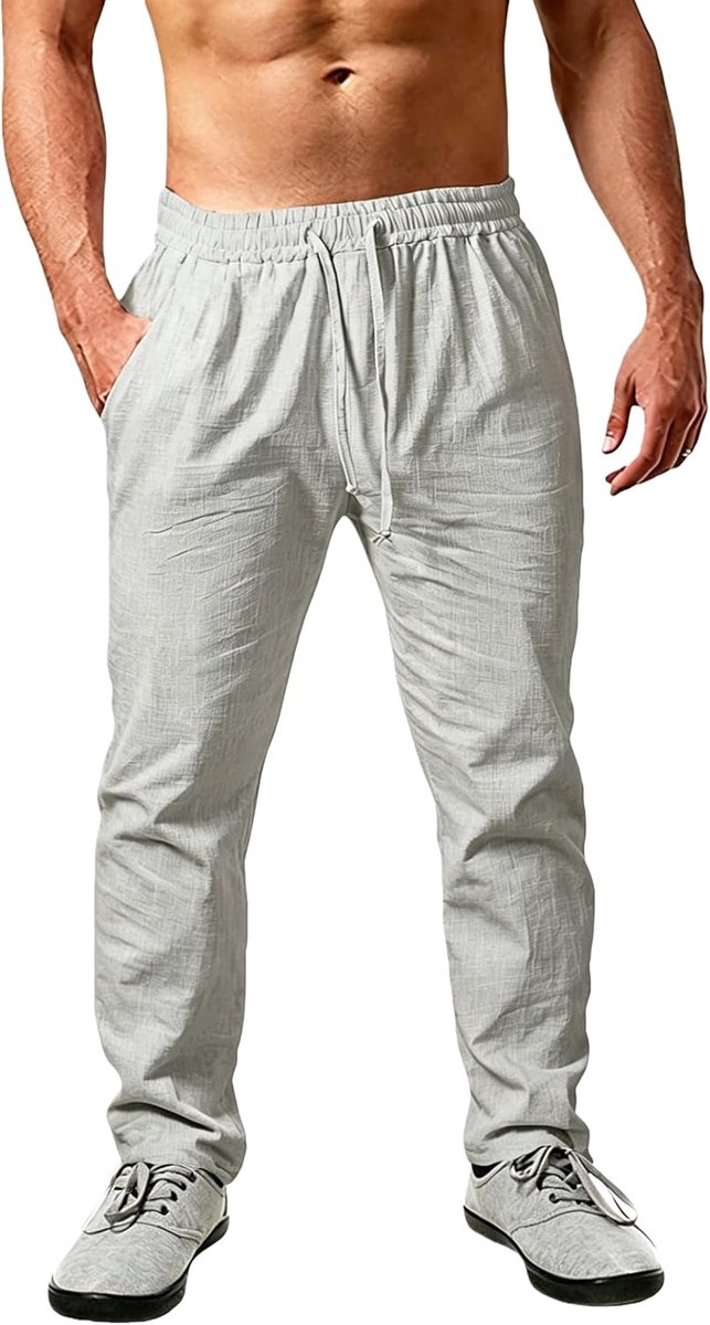 Linnen broek heren lange lichte zomerbroek losse fit vrijetijdsbroek met trekkoord zakken voor vakantie strand dagelijks gebruik