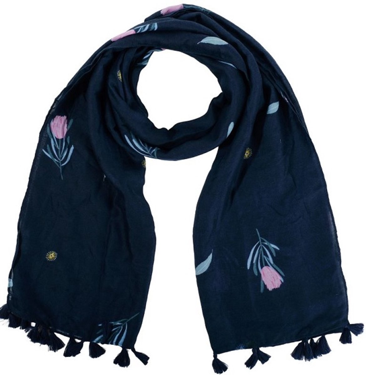 Een sprekende sjaal (180x90cm) met mooie bloemen in vrolijke kleuren. Comfortabel om te dragen door de soepel vallende stof. Een fijne zomersjaal, maar ook na de zomer is deze sjaal nog heel goed te combineren met kleding. Voor uzelf of als cadeau.