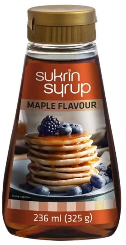 Bouteille de sirop Sukrin, saveur érable, avec image de pancakes, myrtilles et mûres. 236 ml (325 g).