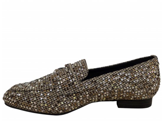 Bruine La Strada loafer met pied-de-poule patroon en glinsterende steentjes.