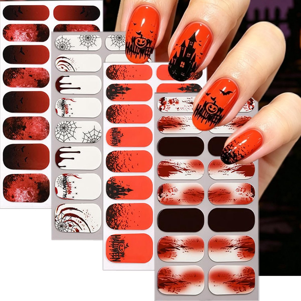 KZQ 4 Stuks Halloween gelnagelstickers - Spinnenweb, schedel, spook, pompoen designs - Zelfklevende nagelstickers - Nageldecoraties voor dames - Lichtgevend in het donker - Halloween decoraties - Inclusief nagelvijl - Groep D