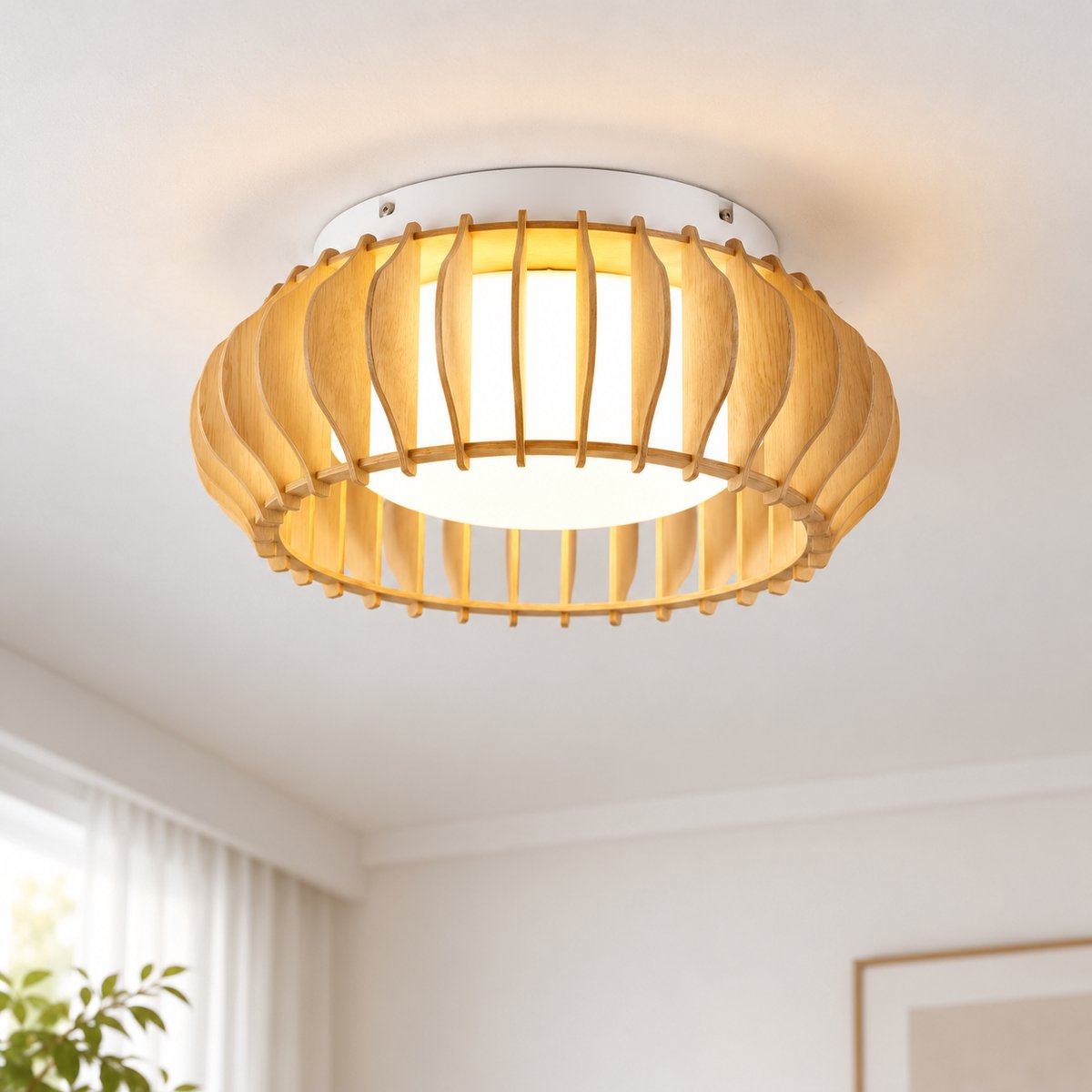 Houten LED Plafondlamp - Moderne Plafonnière 40 cm met Houtlook Design, 2200 lm 3000K Warm Wit, Plafondverlichting voor Woonkamer Slaapkamer Keuken - Naturel