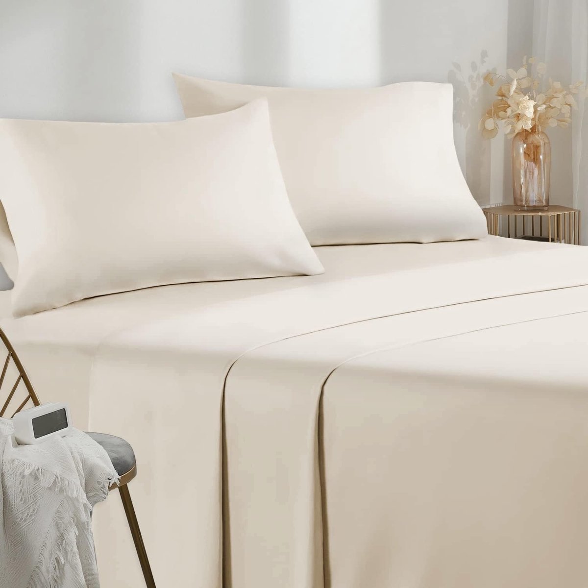 Beddengoed, 120 x 190-200 cm, 3-delig, microvezel, hoeslaken, 120 x 200 cm, bedlaken voor eenpersoonsbed, 180 x 280 cm, 1 kussensloop 50 x 80 cm, beige