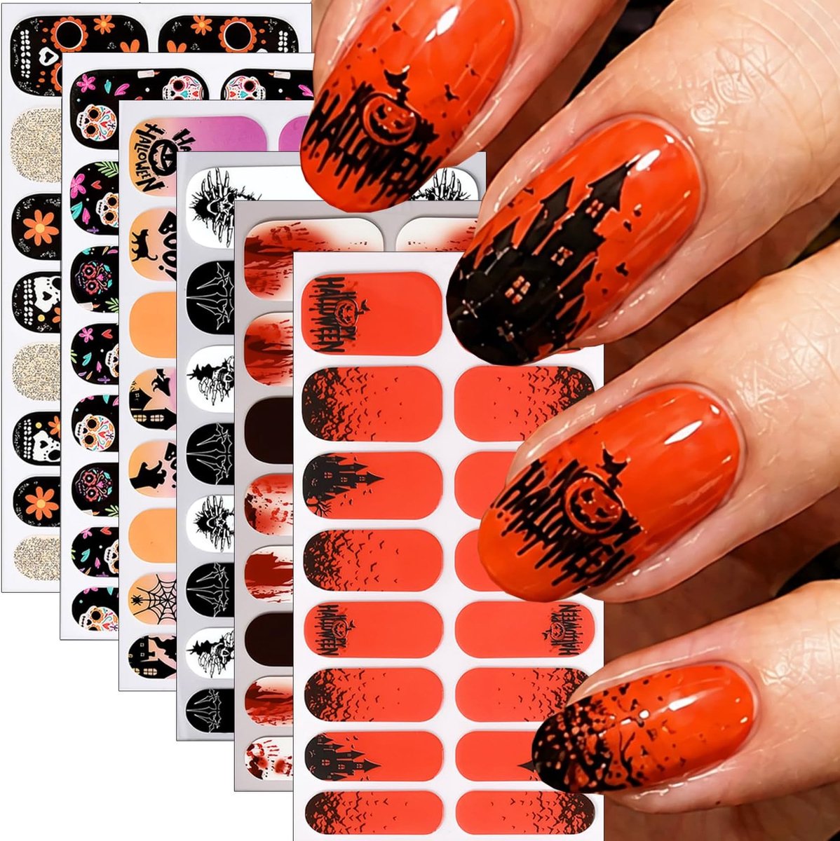 KZQ 6 Stuks Halloween gelnagelstickers - Spinnenweb, schedel, spook, pompoenpatronen - Halloween nagelstickers - Nageldecoraties voor dames - Lichtgevend in het donker - Halloween decoratie - Inclusief nagelvijl - Groep A