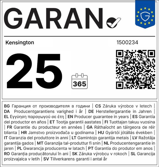 Garantie label met "Kensington" logo, een "25" en "365"
