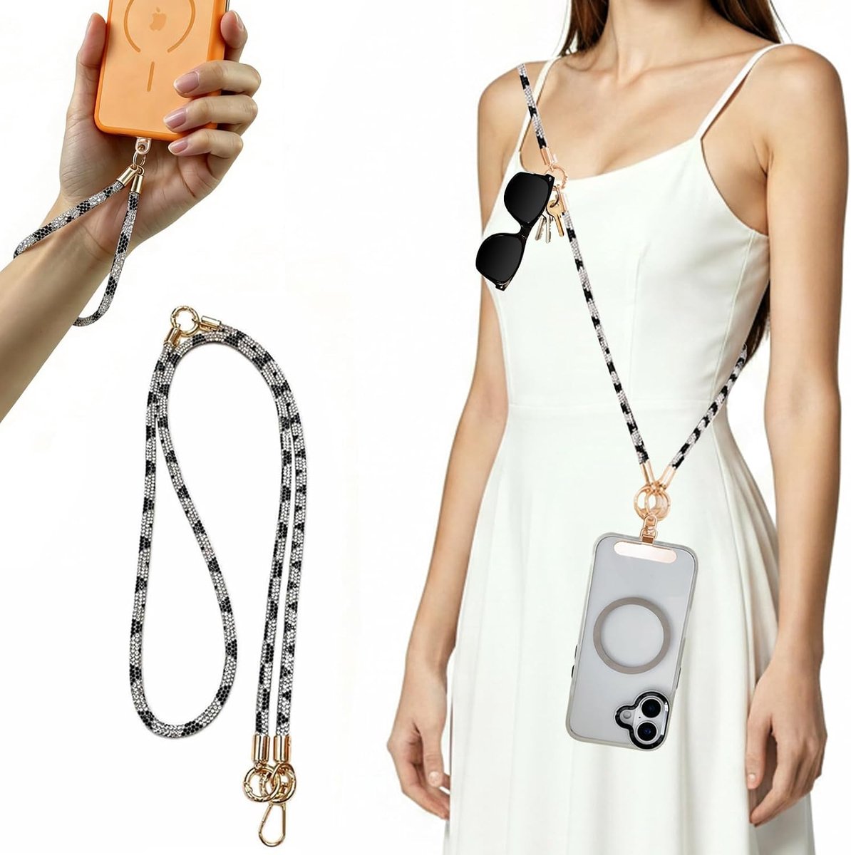 Universele Luxe Telefoonketting met Bling Strass, 3 in 1 Afneembare Lang Lanyard en Korte Polsband met Afneembare Sleutelhanger, Flashing Crossbody Damesketting CSS Zilver