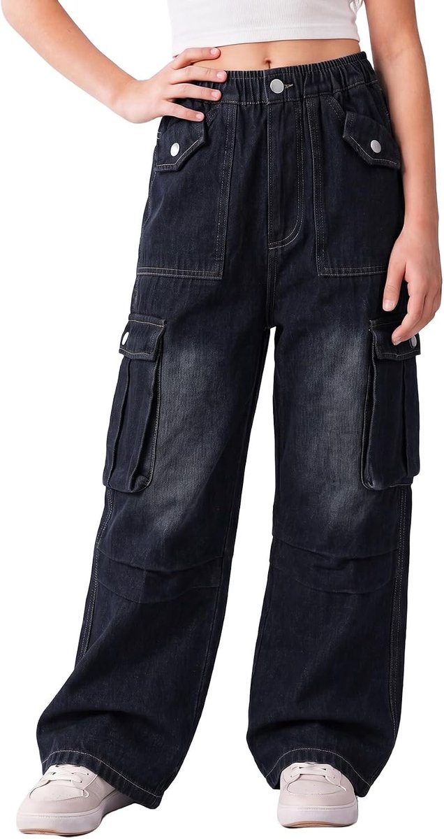 Jeans voor meisjes met 4 zakken, wijde Y2K-jeans, zachte, ademende katoenmix, casual streetwear voor kinderen voor school en vrije tijd