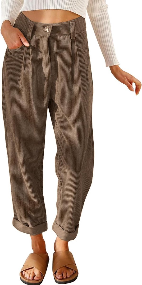 damesbroek, casual, hoge taille, taps toelopende broek, katoen, rechte pijpen, effen, vrijetijdsbroek met zakken