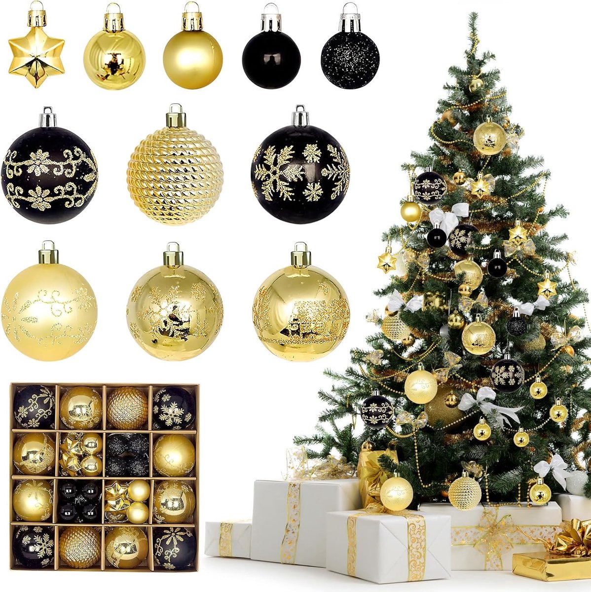 Kerstballen, 44 stuks, kerstversiering, rode kerstballen, wit, goud en zwart, kerstdecoraties voor thuis, kerstdecoraties (zwart + goud)