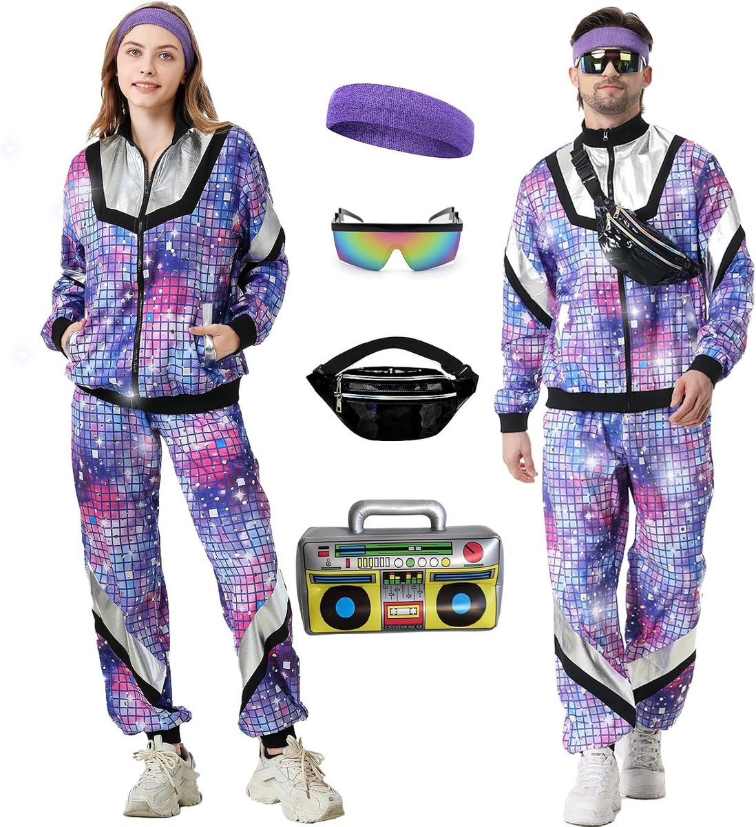 Jaren '80 en 90 outfit voor heren en dames, kostuum jaren 80 trainingspak, disco jas en broek, retro pak joggingpak, uniseks, met riemtas, bril voor badkamer, taste, party, carnaval
