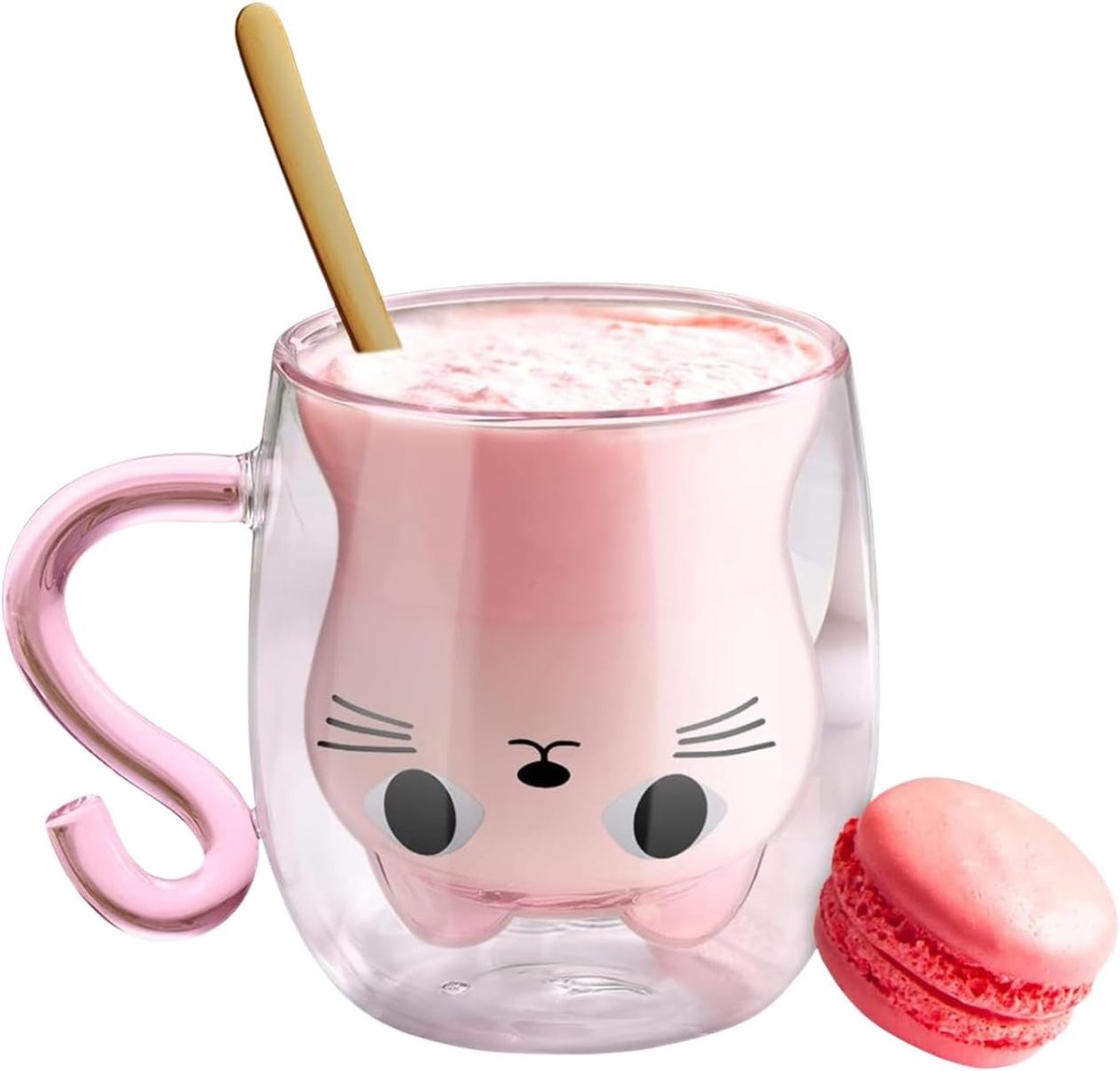 Volumoon Leuke kattenmok, melkbeker dubbelwandig, geïsoleerde glazen espressokopjes, cappuccino latte glazen melkthee kopje, doorzichtige mokken met handgrepen voor vrouwen, kattenliefhebbers