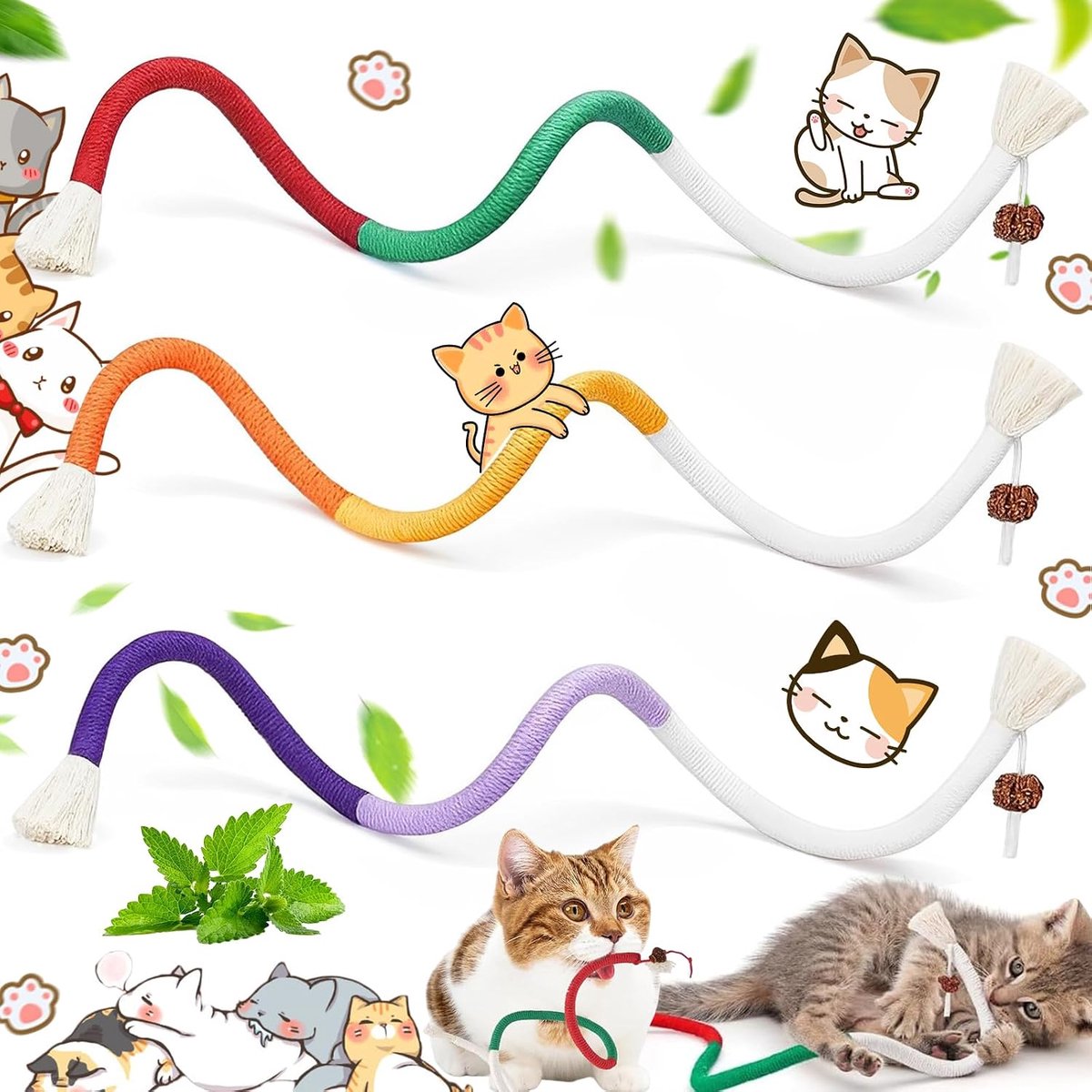3 stuks kattenbijttouw, kauwspeelgoed kattenbijttouw, tandverzorging katten, kattenkruid speelgoed bijttouw, kattenkruidspeelgoed, voor katten tandverzorging en tegen slechte adem, 27,5inch