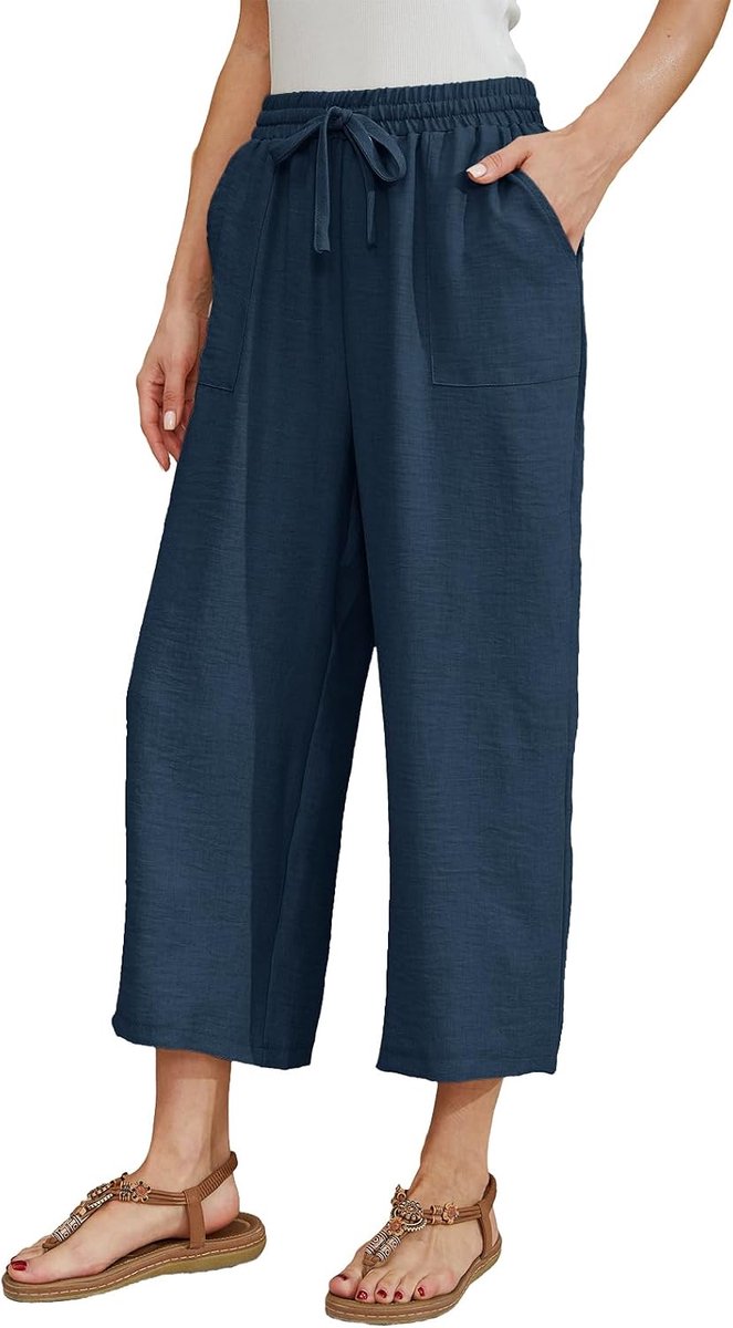 Damesbroek, 7/8 wijde pijpen, zomerbroek, lichte elegante linnen broek, casual losse vrijetijdsbroek, hoge taille, zomerbroek voor vakantie en dagelijks gebruik