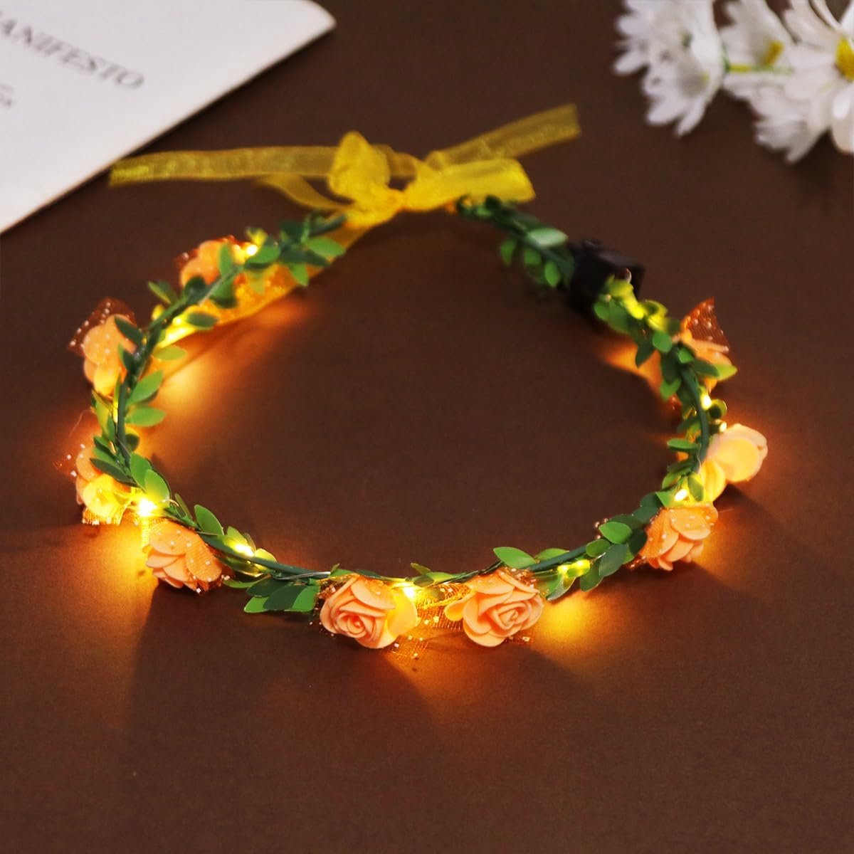 Bloemenkrans voor het haar, oplichtend, led-haarsieraad, bloem, haarkrans oplichtend, voor festival, led-hoofdtooi voor vrouwen, bruid, meisjes, voor carnaval, Halloween, bruiloften (oranje)