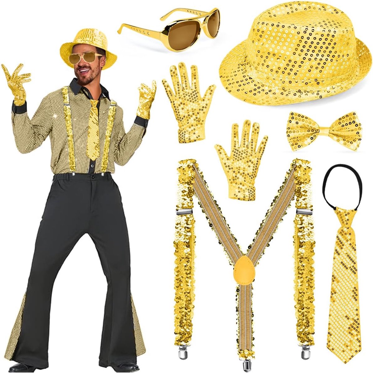 Outfit voor heren, set van 6 accessoires met pailletten uit de jaren '70, paillettenkostuum met bandjes, hoed, stropdas, vlinderdas, handschoenen voor carnaval, goud