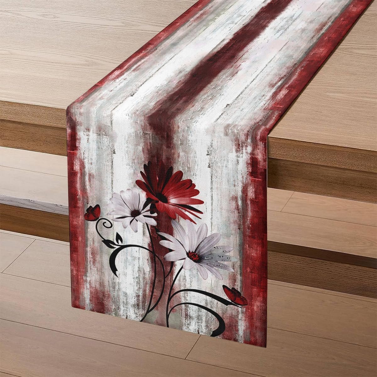 Tafelloper Kerstmis bloemen in kerstrood, moderne tafelloper 140 x 40 cm witte madeliefjes zwarte bladeren vlinder keuken tafeldecoratie voor Kerstmis binnen vakantie party decoratie