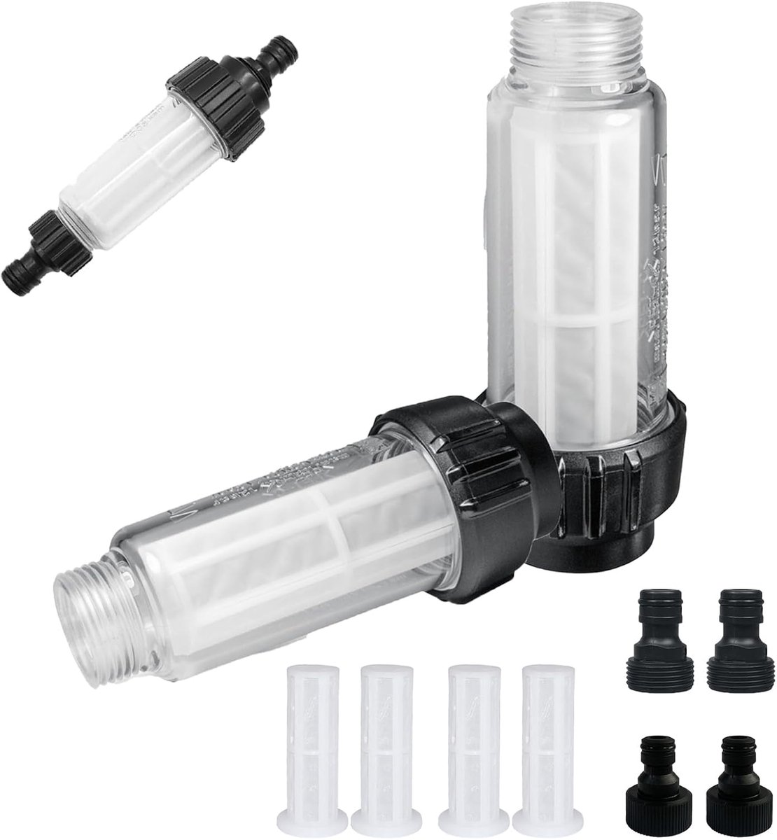 2 Stuks Waterfilter tuinslang, leidingwaterfilter, 3/4 inch watervoorfilter, waterfilterset met 4 filterinzetstukken en 4 sneladapters voor hogedrukreiniger, tuinpomp