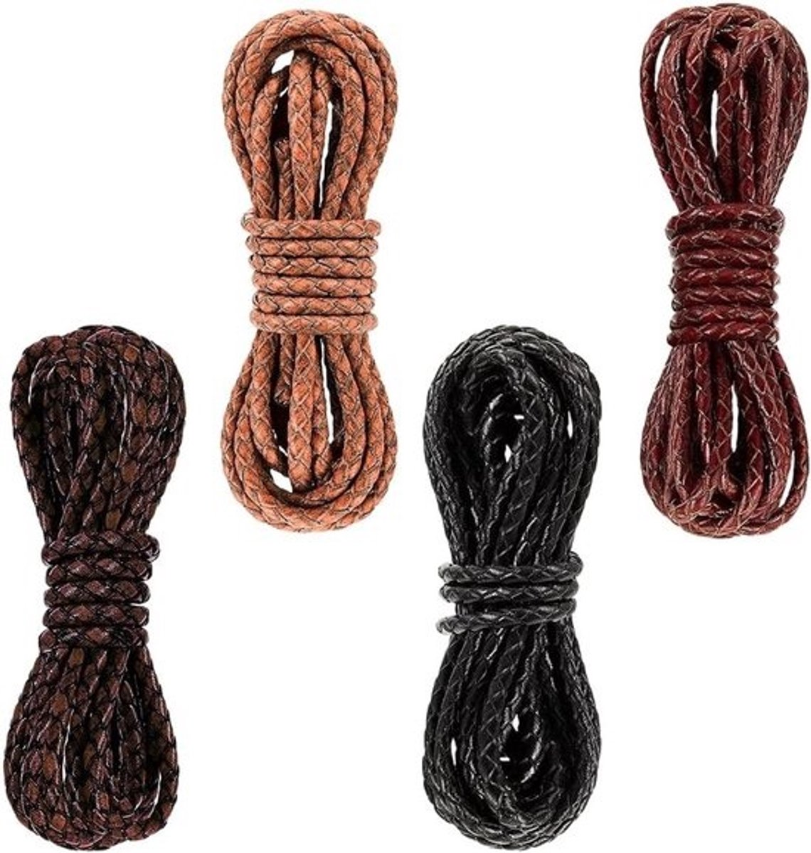 8 meter gevlochten ronde leren kabel van 4 mm - ideaal voor halsbanden, armbanden en juweliersmaak in 4 kleuren