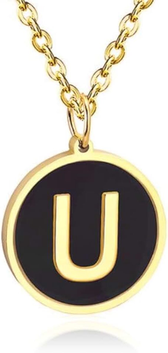 Goudkleurige Dames Schakelketting met Zwarte Kettinghanger Letter U
