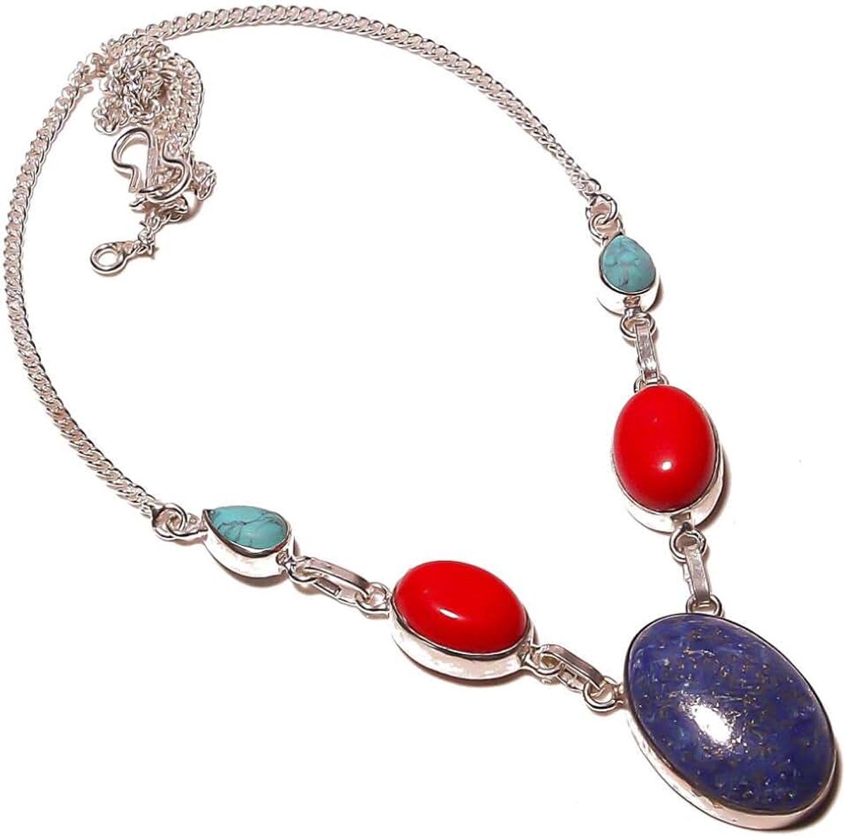 Kashish koraalrood, blauwe lapis en turquoise halsketting 18\uniseks volwassenen meerkleurig, Metaal Steen, Meerkleurig