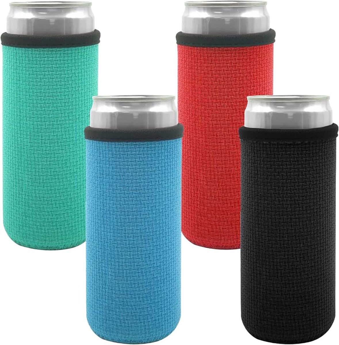 Bierkoelhoes voor minder dan 12oz/330 ml Slim Can, 4 stuks geïsoleerde neopreen blikmouwen antislip blikkoelhouder voor bierdrank - zwart rood groen blauw