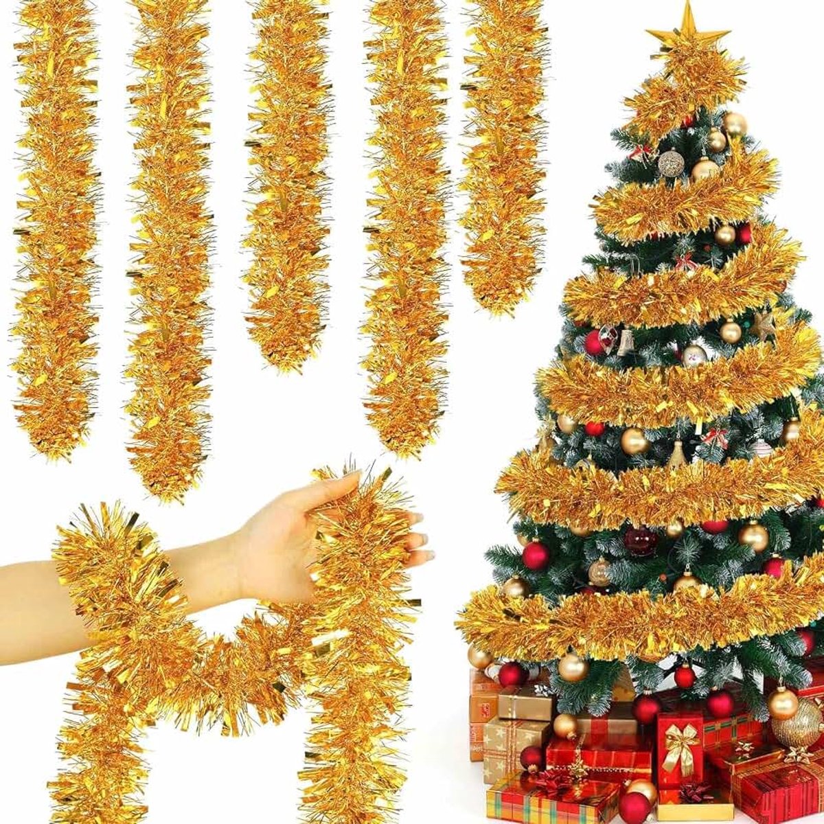 Kerstslingers, glanzende slinger, kerstslinger, kerstversiering voor deur, trapleuning, kerstdecoratie (goud)