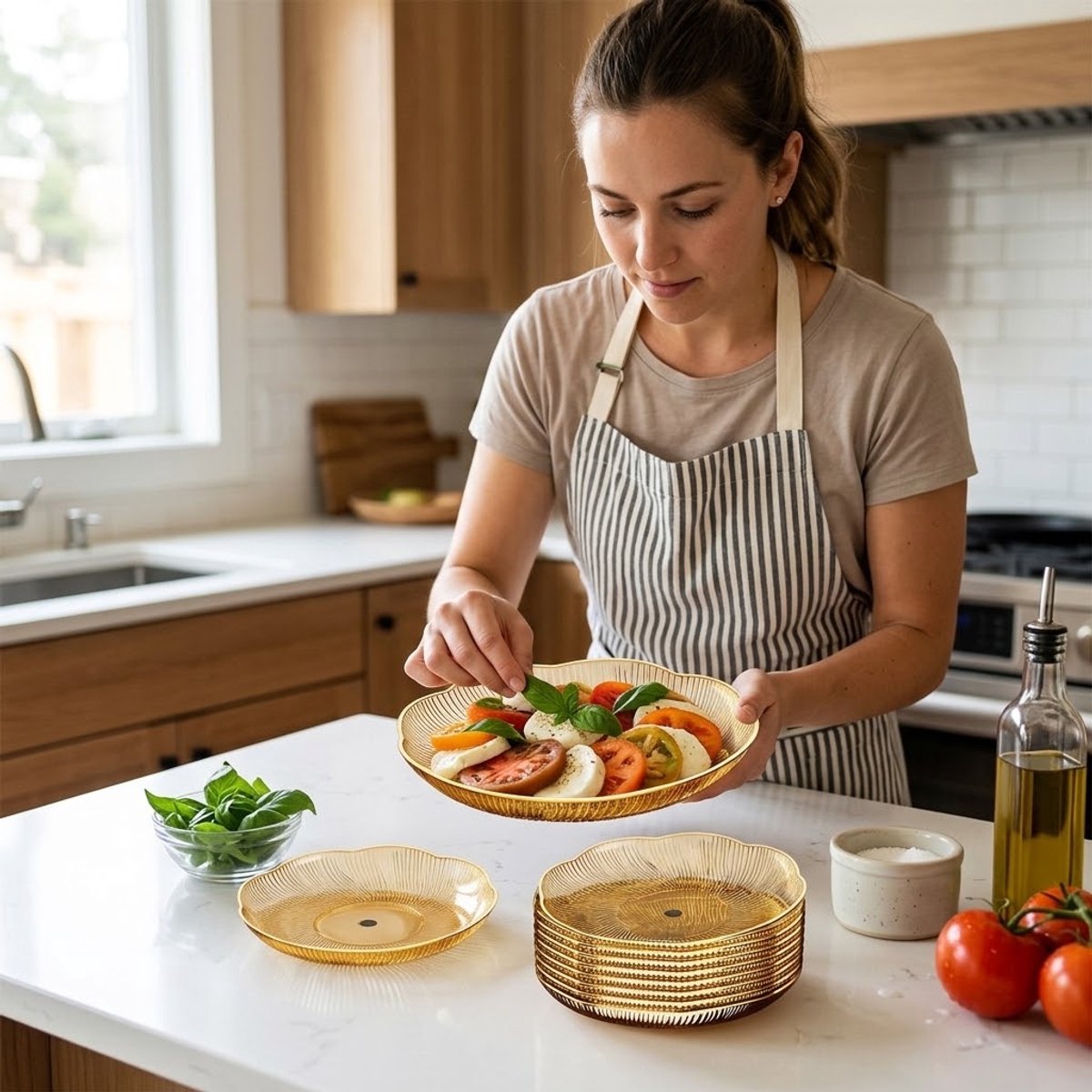 10 stuks goudkleurige transparante kunststof dessertborden – herbruikbare snack borden met goudkleurige rand – stapelbare fruitborden voor fruit, snoep, dessert, gebak en kleine hapjes — cadeau in Cadeau-ideeën - foto 5