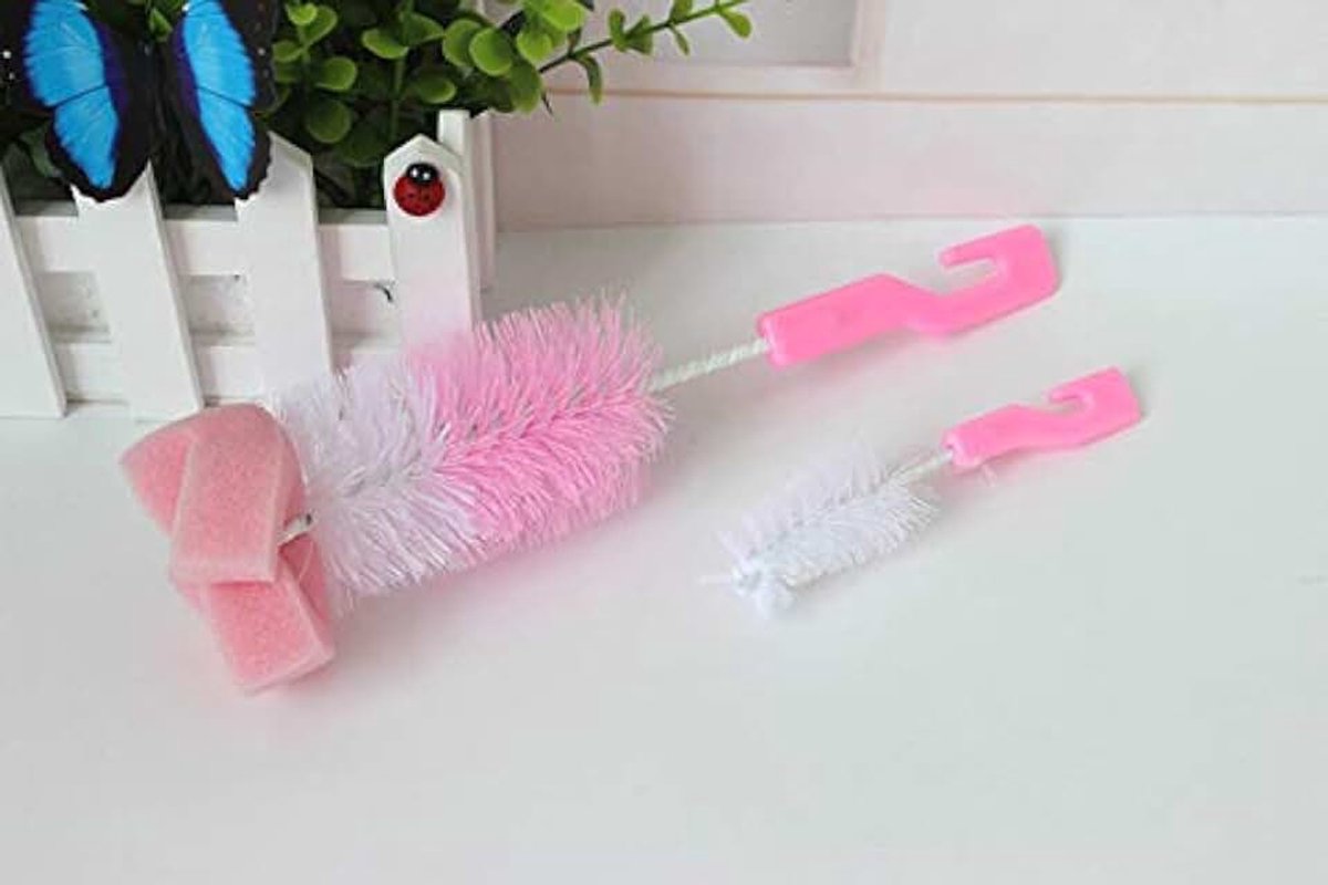 2 Stks/set Baby Fles Borstel Baby Voeden Melk Fles Borstels 360 Graden Fles Wassen Spons Schoonmaken Kit,Roze