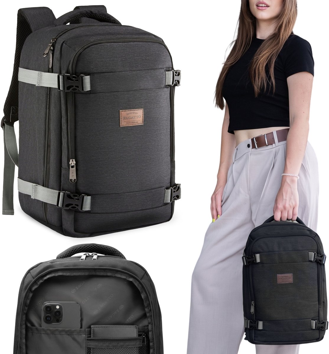 Zagatto Donkergrijze reisrugzak voor vliegtuig, handbagage 40x20x25 cm