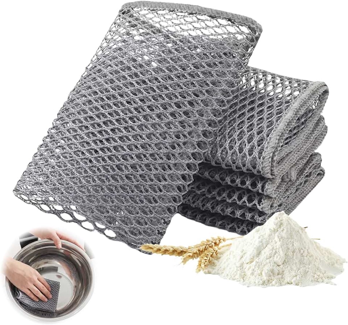 Doeken voor het reinigen van deeg en het verwijderen van hardnekkige resten, bestaande uit een theedoek, een theedoek, een reinigingsdoek en een papieren handdoek
