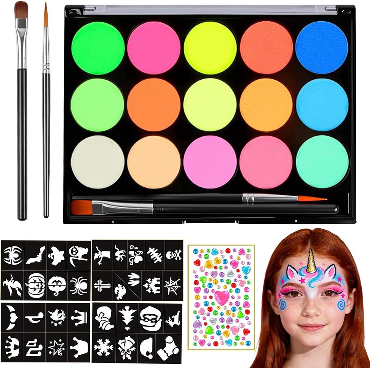 Make-up-palet, wasbare gezichtsverf, bodypaint make-upset, 34 sjablonen, 1 strass-sticker, lichaamskleur voor kinderen, voor Halloween, carnaval, make-up, carnaval (02#)