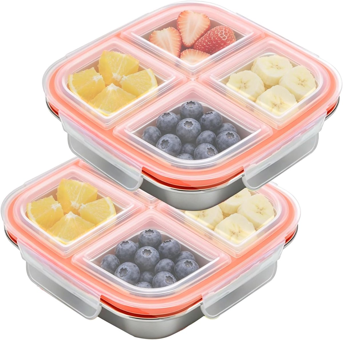 2 stuks snackbox met 4 vakken van roestvrij staal, snackbox met vakken en deksel
