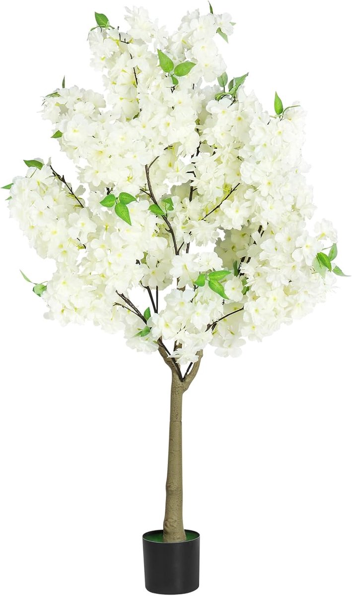 Grote kunstplant, kunstboom, 120 cm, plant, kunstboom, kersenbloesem, kamerplant in pot, voor thuis, bruiloft, feest, tuin, kantoor, decoratie, wit